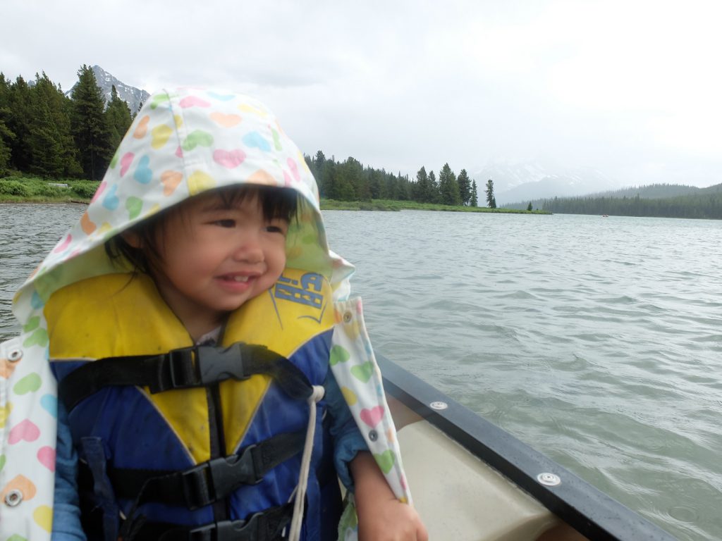 toddler boating on maligne lake