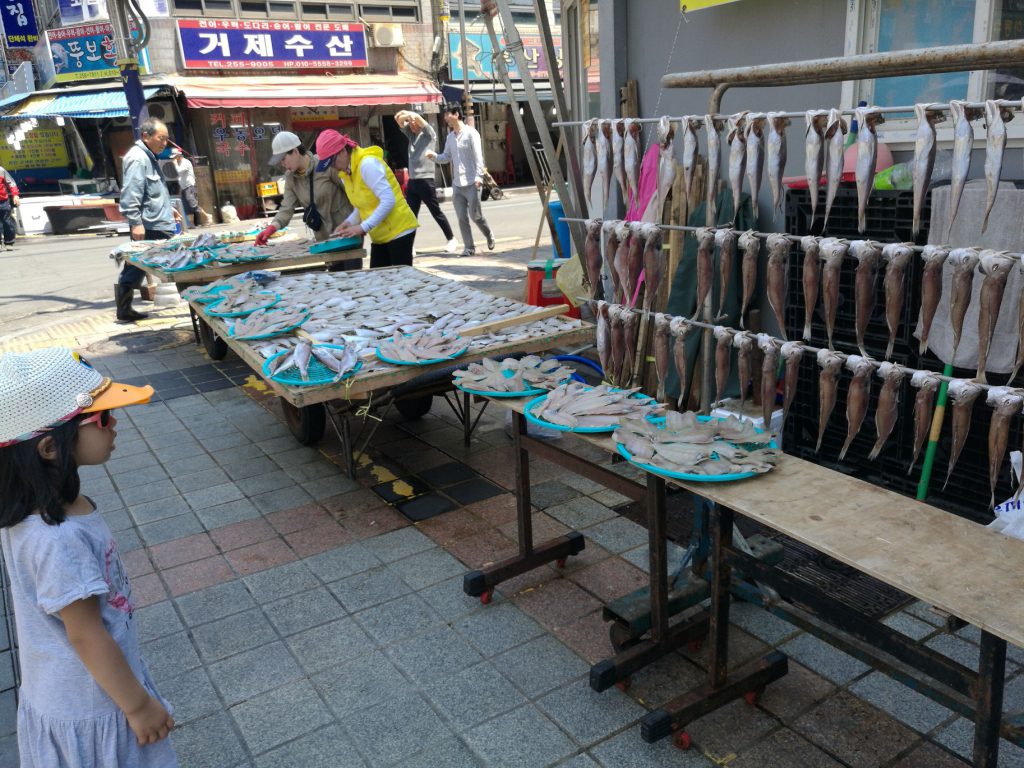 girl staring at the fish, fish market