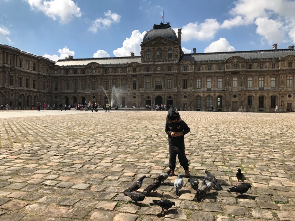 girl feed pigeon in Louver