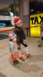 kids waiting for taxi at the Taoyuan airport taiwan, during covid